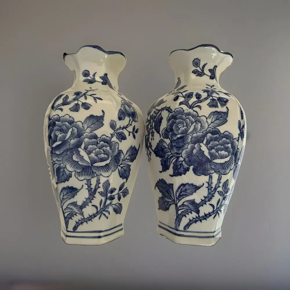 2 New Chinese Blue & White Rosé Transfer Wear Chinoiserie Pocket Wall Vase 10” T